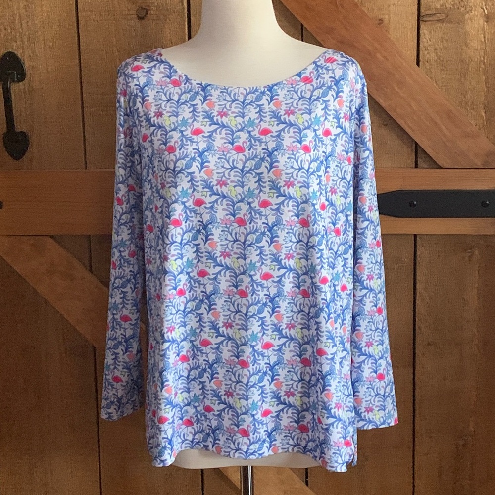 Vineyard Vines Boatneck Blue & Pink Whimsical Flamingo Print Top Size XL